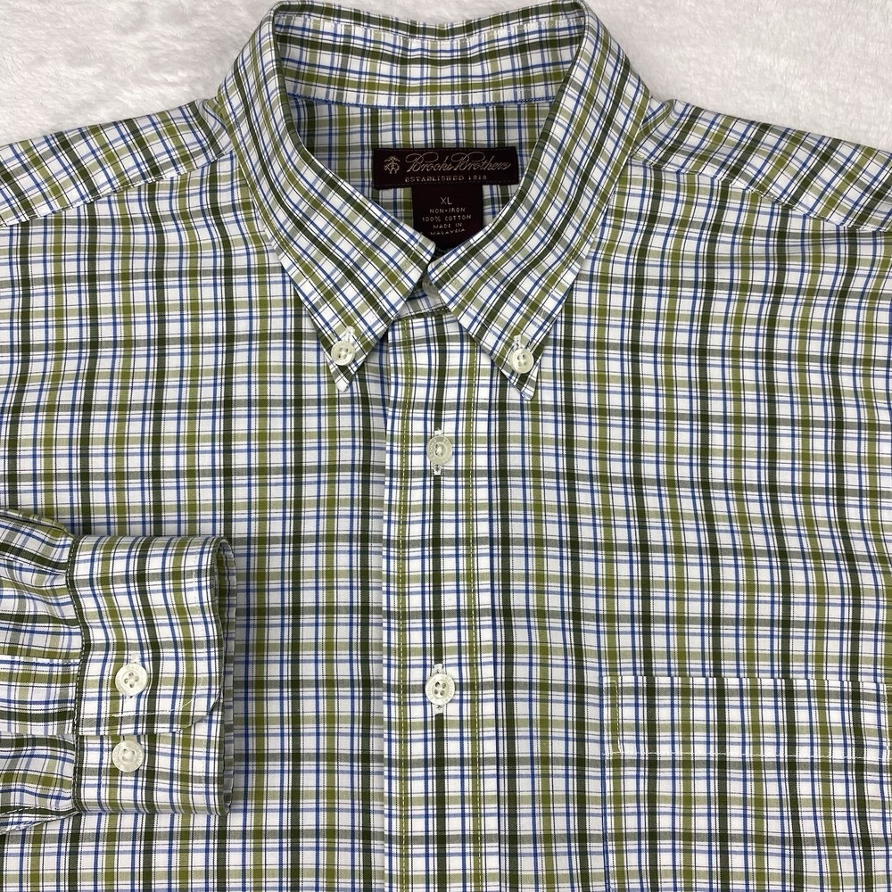 Brooks Brothers Boys XL Green White Plaid Dress‎ Shirt Non-Iron Long Sleeves